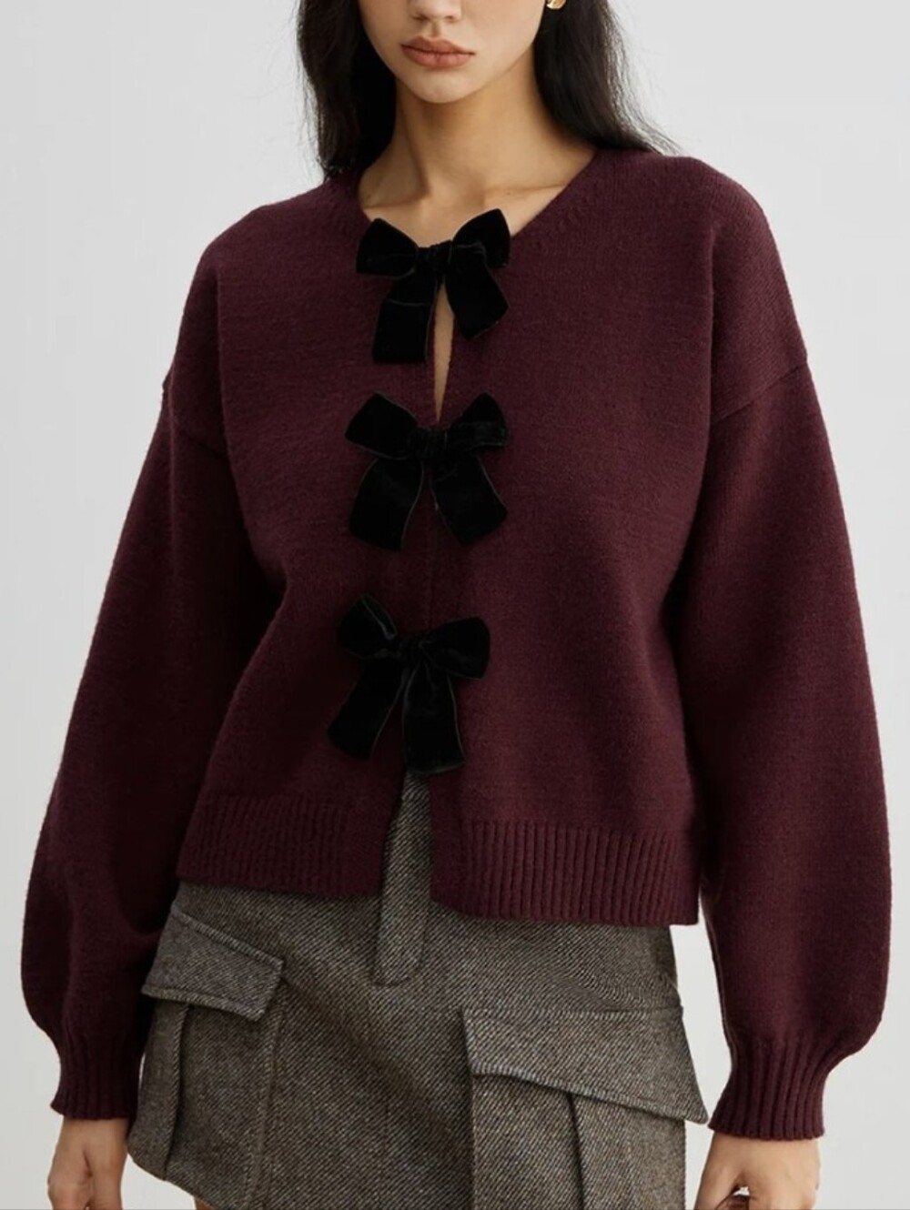 Commense Velvet Bow Lantern Sleeve Sweater Burgundy XS NWT